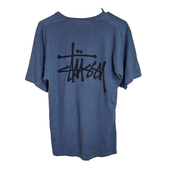 Stussy Basic Pigment Dyed T-Shirt Navy Blue Medium Distressed - Picture 2 of 8